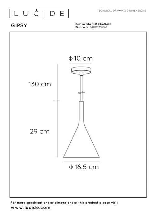 Lucide GIPSY - Pendant light - Ø 16,5 cm - 1xE27 - White - technical